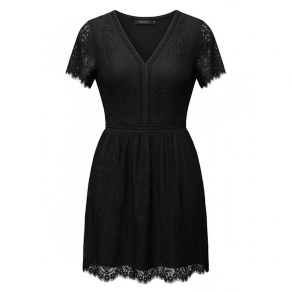 Merokeety Black Lace Fit & Flare Dress | Flutter Sleeve | Size M